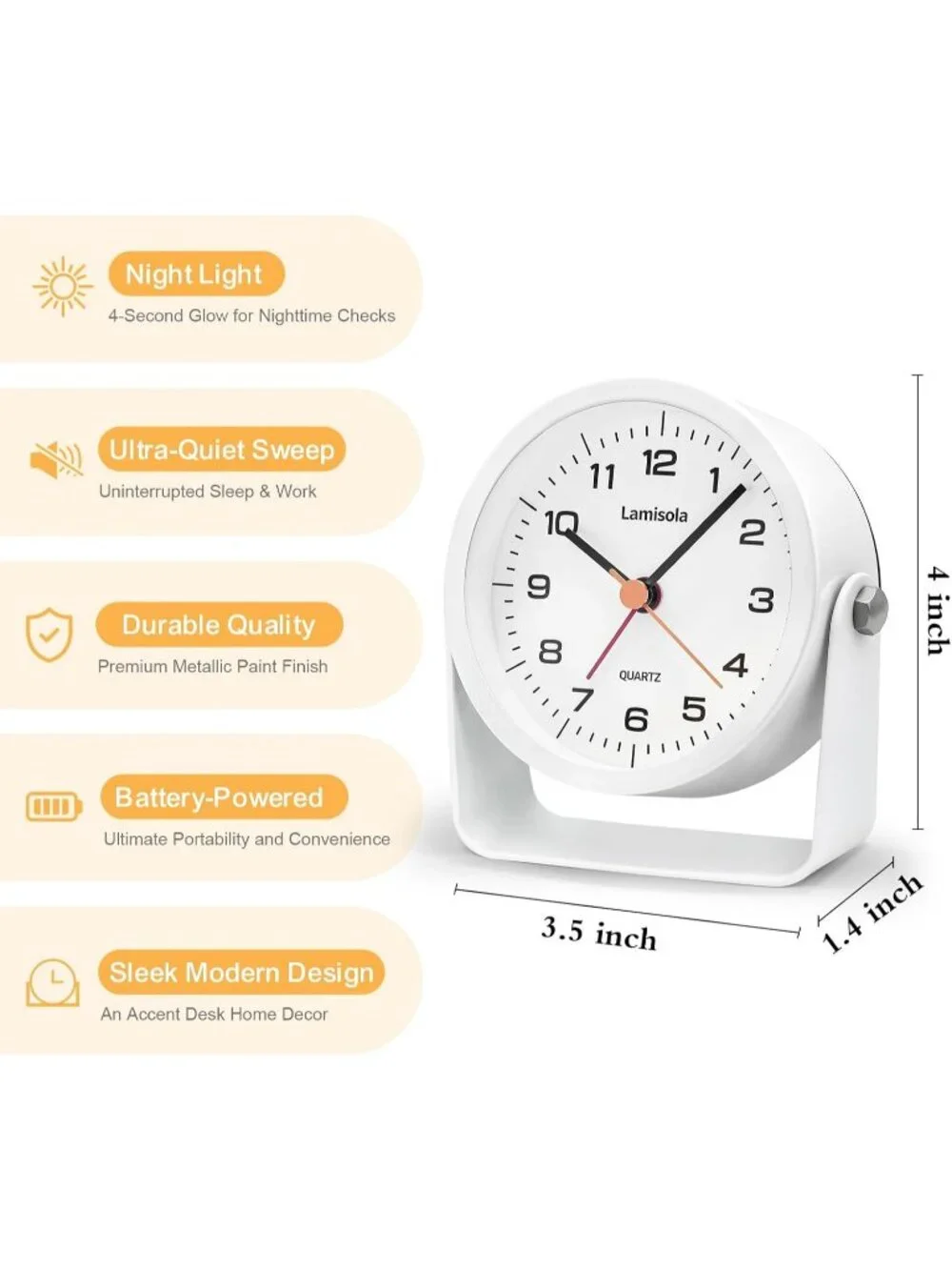 Home White Analog Quartz Battery Vintage Operated Silent Small Desk Alarm Clock